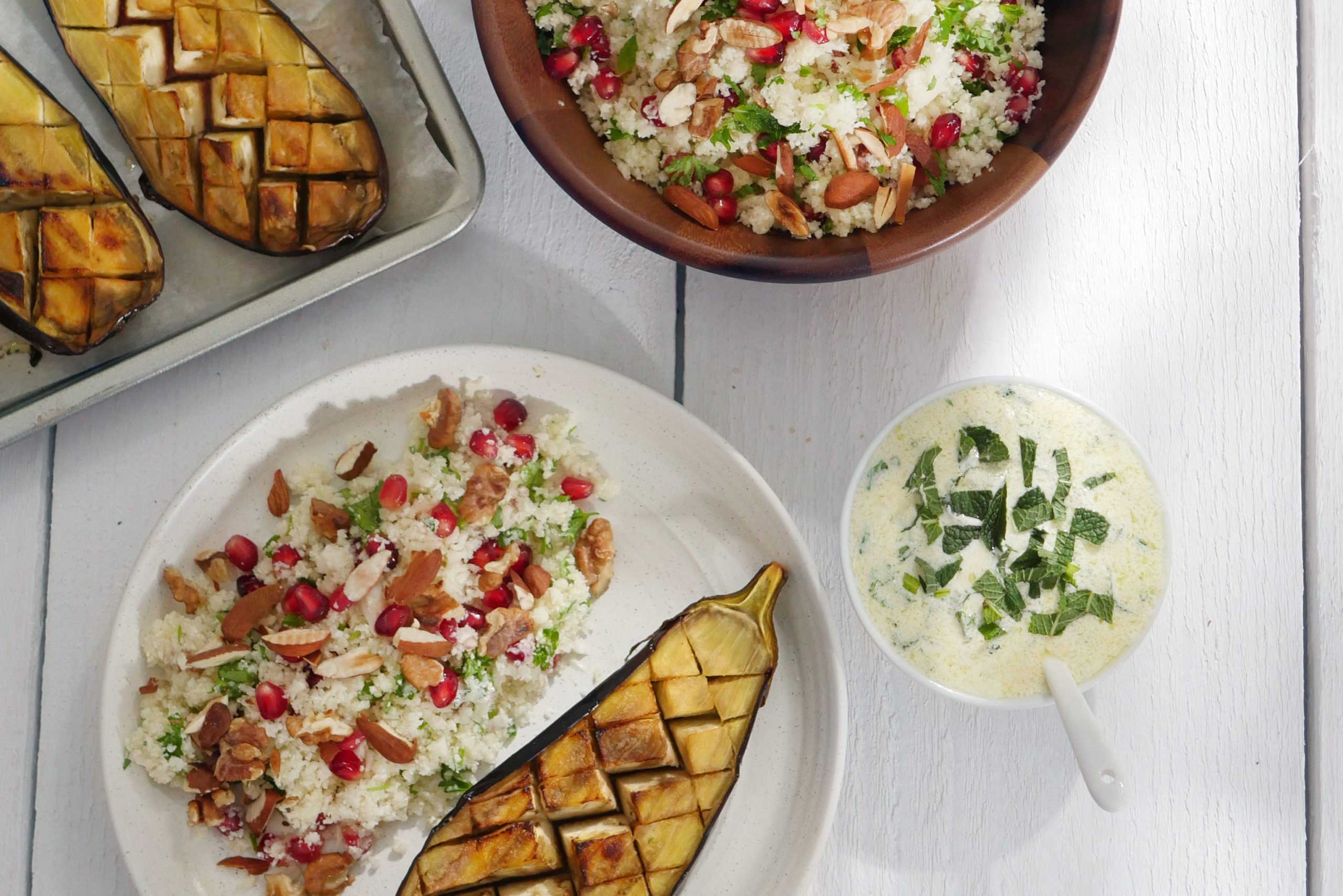 Roasted aubergines with cauliflower tabbouleh